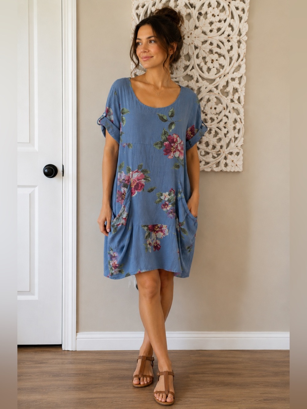 VASNA Italy 100% Linen Floral Lagenlook Oversized Pocket Dress Size Large